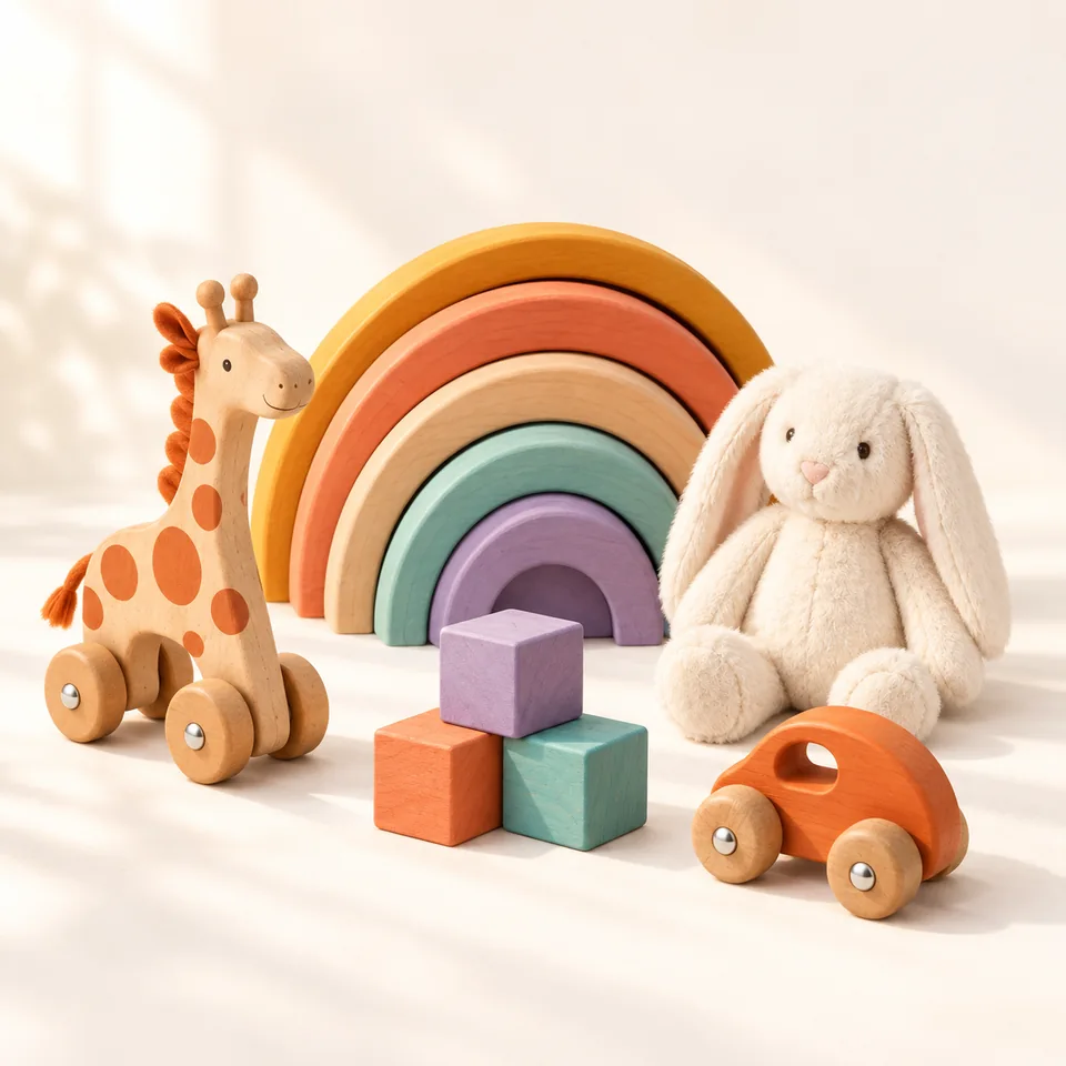 Brinquedos de madeira coloridos e coelhinho de pelúcia sob uma luz acolhedora